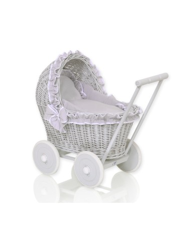 Wicker doll pushchair grey with grey bedding and soft padding