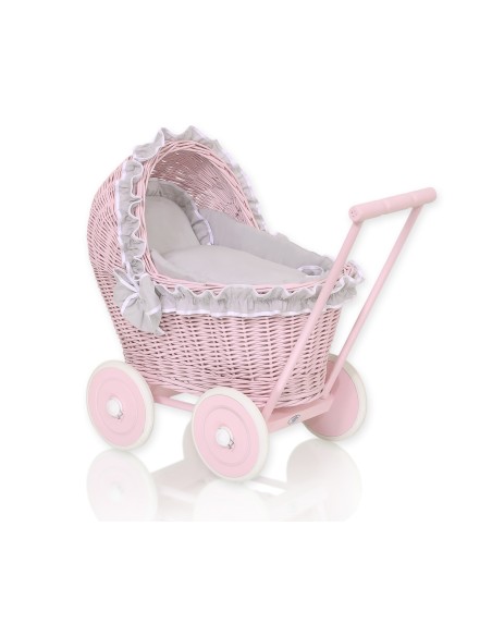 Wicker doll pushchair pink with grey bedding and soft padding