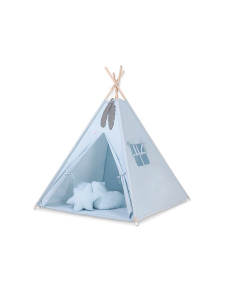 Teepee tent for kids + playmat + pillows + decorative feathers - blue