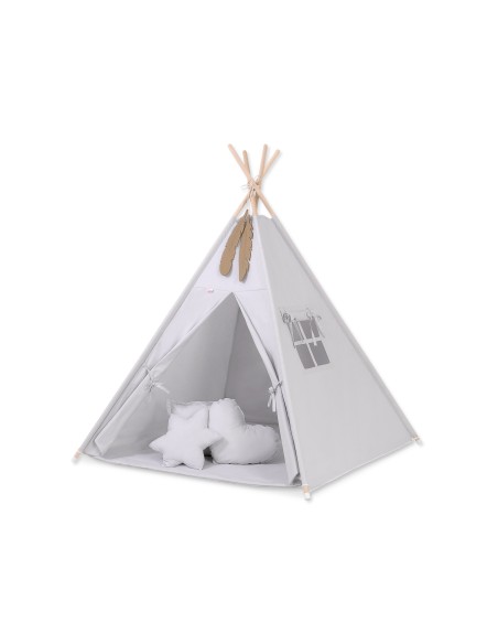 Teepee tent for kids + playmat + pillows + decorative feathers - gray