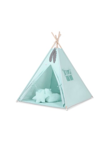 Teepee tent for kids + playmat + pillows + decorative feathers - mint