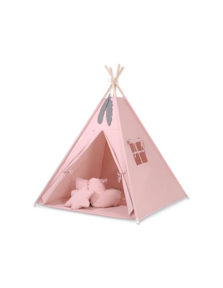 Teepee tent for kids + playmat + pillows + decorative feathers - pastel pink