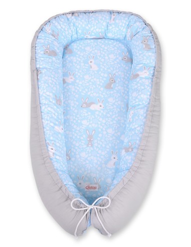 Baby nest double-sided Premium Cocoon for infants BOBONO- blue rabbits/gray