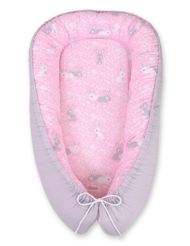 Baby nest double-sided Premium Cocoon for infants BOBONO- pink rabbits/gray