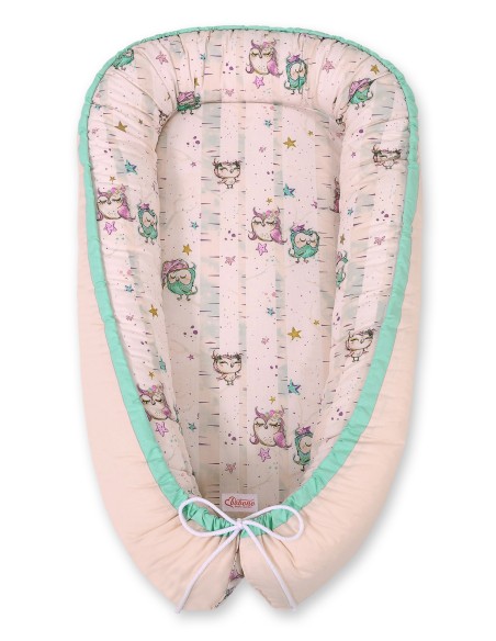 Baby nest double-sided Premium Cocoon for infants BOBONO- owls cream/powder pink