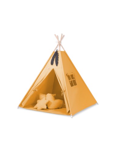 Teepee tent for kids + playmat + pillows + decorative feathers - honey yellow