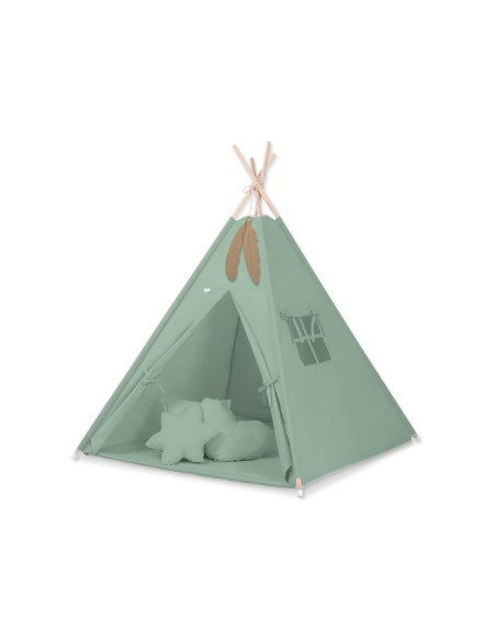 Teepee tent for kids + playmat + pillows + decorative feathers - pastel green