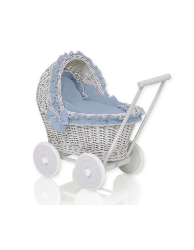 Wicker doll pushchair grey with pastel blue bedding and soft padding