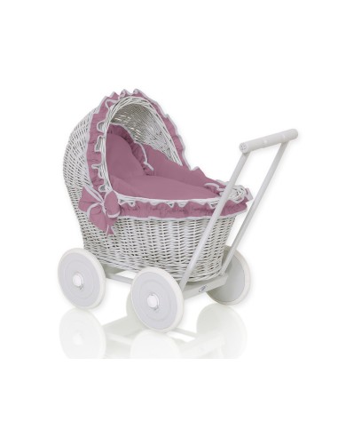 Wicker doll pushchair grey with pastel pink bedding and soft padding