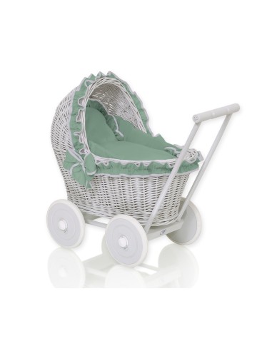 Wicker doll pushchair grey with pastel green bedding and soft padding