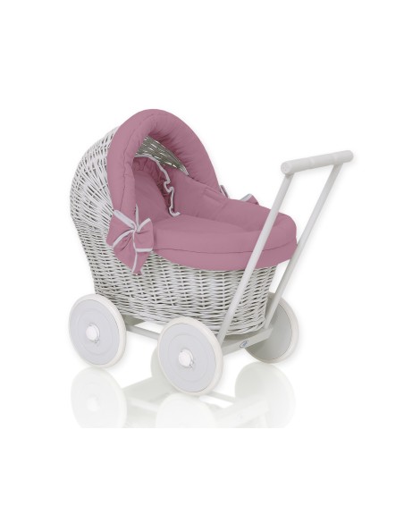 Wicker doll pushchair grey with pastel pink bedding and soft padding