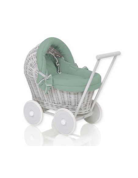 Wicker doll pushchair grey with pastel green bedding and soft padding