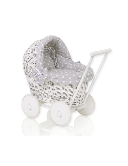 Wicker doll pushchair white with grey bedding and soft padding