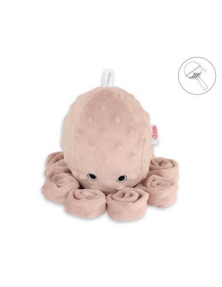 Cuddly octopus with rattle - pastel pink - polka dot minky