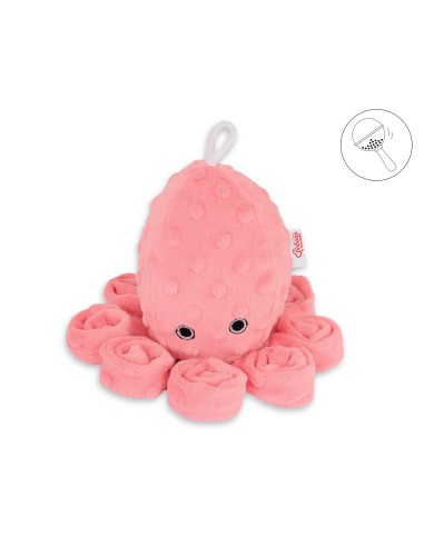 Cuddly octopus with rattle - coral - polka dot minky