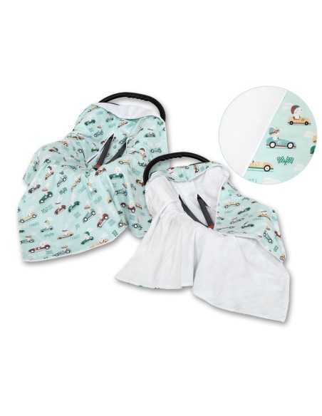 Big double-sided car seat blanket for babies - mint rabbits/white