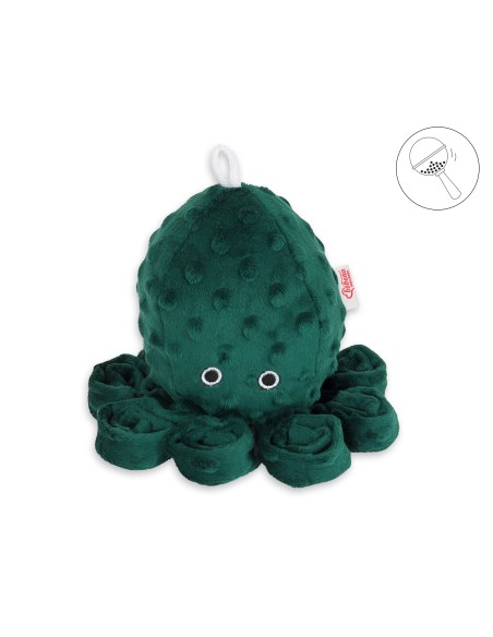 Cuddly octopus with rattle - bottle green - polka dot minky