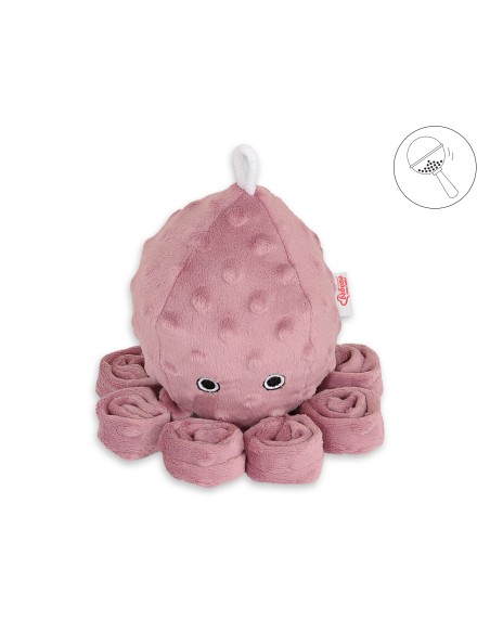 Cuddly octopus with rattle - pastel violet - polka dot minky