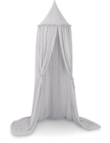 Muslin hanging canopy with frill - grey