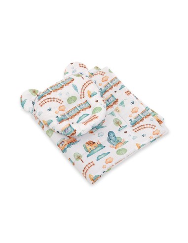 Duvet with pillow Teddy - 2pcs set - turquoise train