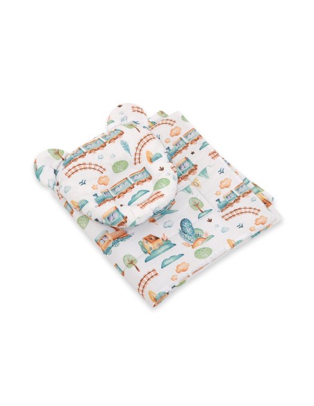 Duvet with pillow Teddy - 2pcs set - turquoise train