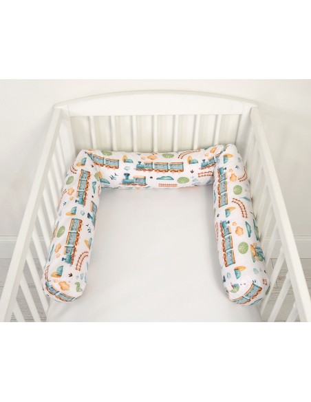 Roller bumper for baby bed - turquoise train