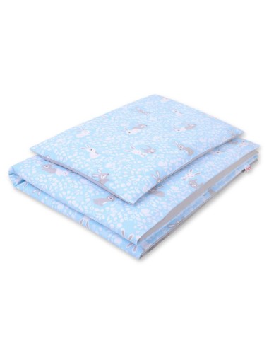 Double-sided baby cotton bedding set 2-pcs - blue rabbits/gray