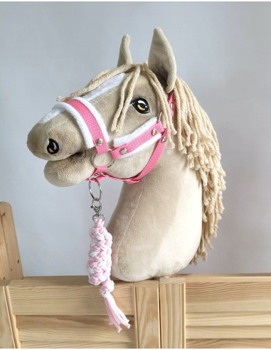 Set for Hobby Horse: the halter A3 with white furry + Tether made of cord - white-pink