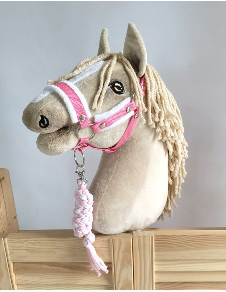 Set for Hobby Horse: the halter A3 with white furry + Tether made of cord - white-pink