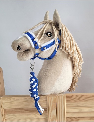 Set for Hobby Horse: the halter A3 with white furry + Tether made of cord - white-blue