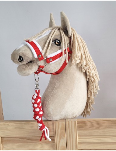 Set for Hobby Horse: the halter A3 with white furry + Tether made of cord - white-red