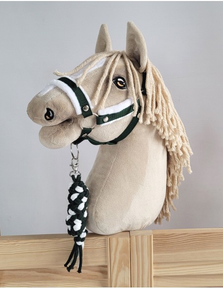 Set for Hobby Horse: the halter A3 with white furry + Tether made of cord - white-bottle green