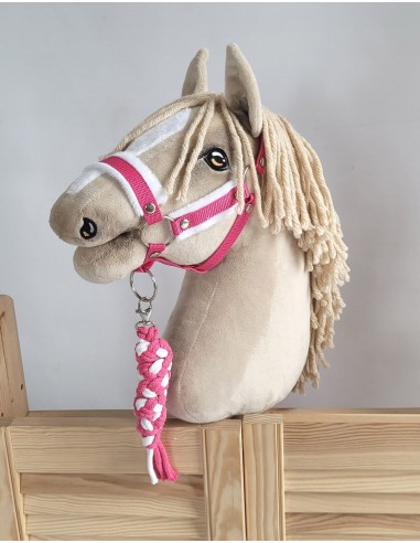 Set for Hobby Horse: the halter A3 with white furry + Tether made of cord - white-dark pink