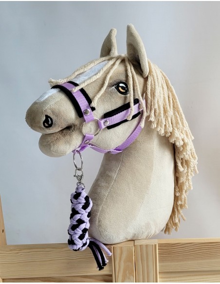 Set for Hobby Horse: the halter A3 with black furry + Tether made of cord - black-purple