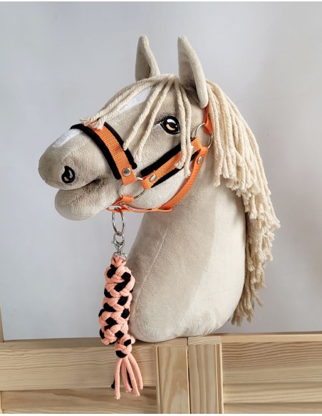 Set for Hobby Horse: the halter A3 with black furry + Tether made of cord - black-orange