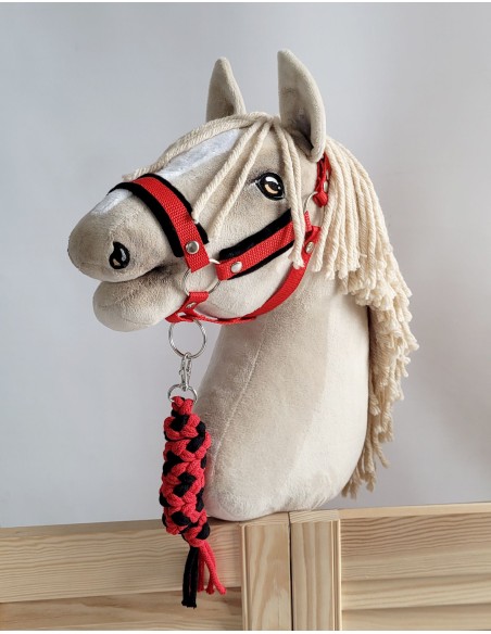 Set for Hobby Horse: the halter A3 with black furry + Tether made of cord - black-red