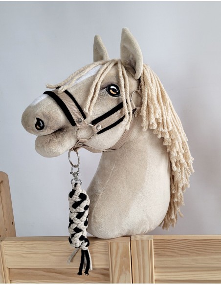 Set for Hobby Horse: the halter A3 with black furry + Tether made of cord - black-beige