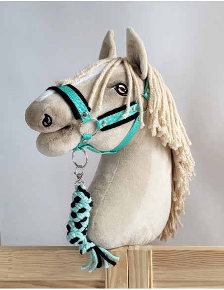 Set for Hobby Horse: the halter A3 with black furry + Tether made of cord - black-mint