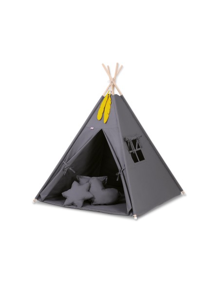 Teepee tent for kids + playmat + pillows + decorative feathers - anthracite