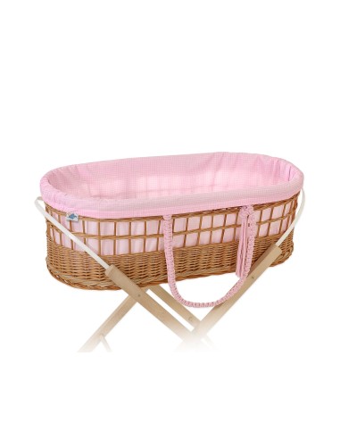 Moses wicker basket in BOHO style with cotton lining - pink checkered