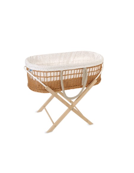 Moses wicker basket in BOHO style with stand with cotton lining - mini gold stars