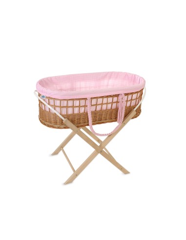 Moses wicker basket in BOHO style with stand with cotton lining - pink checkered