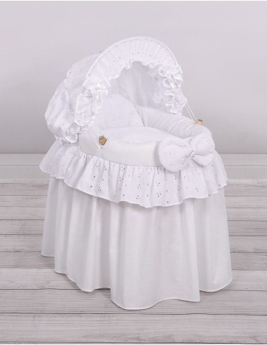 Wicker crib for doll - Moses basket for dolls with hood - white with embroidered lace