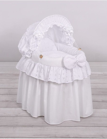 Wicker crib for doll - Moses basket for dolls with hood - white with embroidered lace