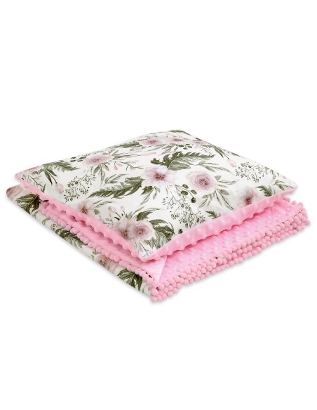 Set: Double-sided blanket minky + pillow- peony flower pink