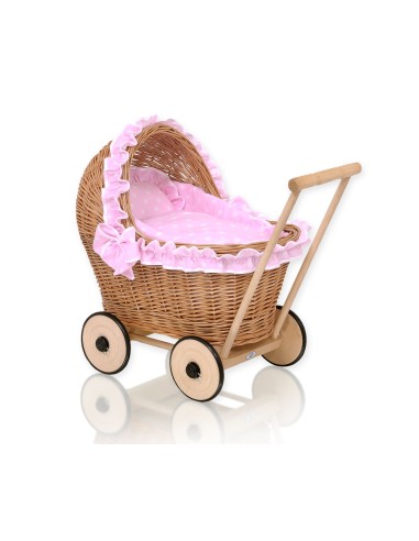 Wicker doll pushchair with pink bedding and soft padding - natural