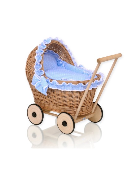 Wicker doll pushchair with blue bedding and soft padding - natural