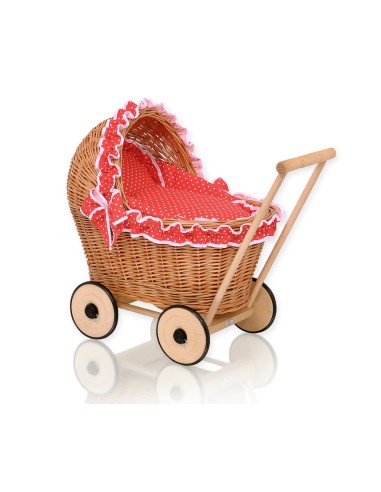 Wicker doll pushchair with red bedding and soft padding - natural