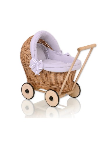 Wicker doll pushchair with grey bedding and soft padding - natural