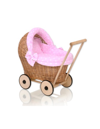 Wicker doll pushchair with pink bedding and soft padding - natural